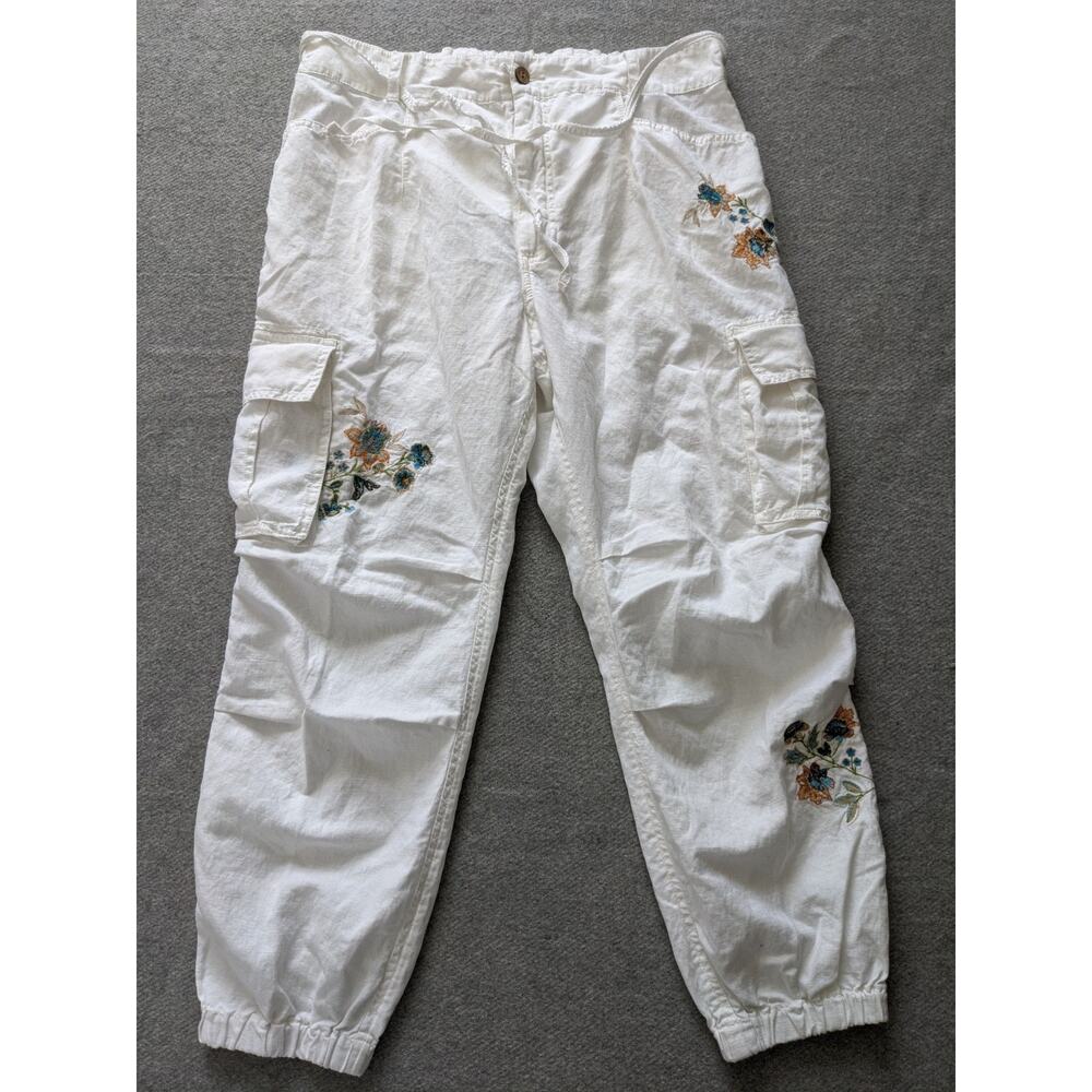 Sundance Cargo Joggers Womens Sz 12 White Cotton Linen Blend Floral Embroidered